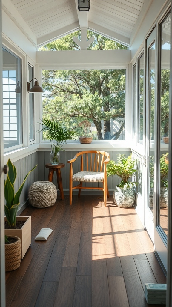 A bright and serene enclosed porch designed for yoga, featuring large windows, plants, and a cozy chair.