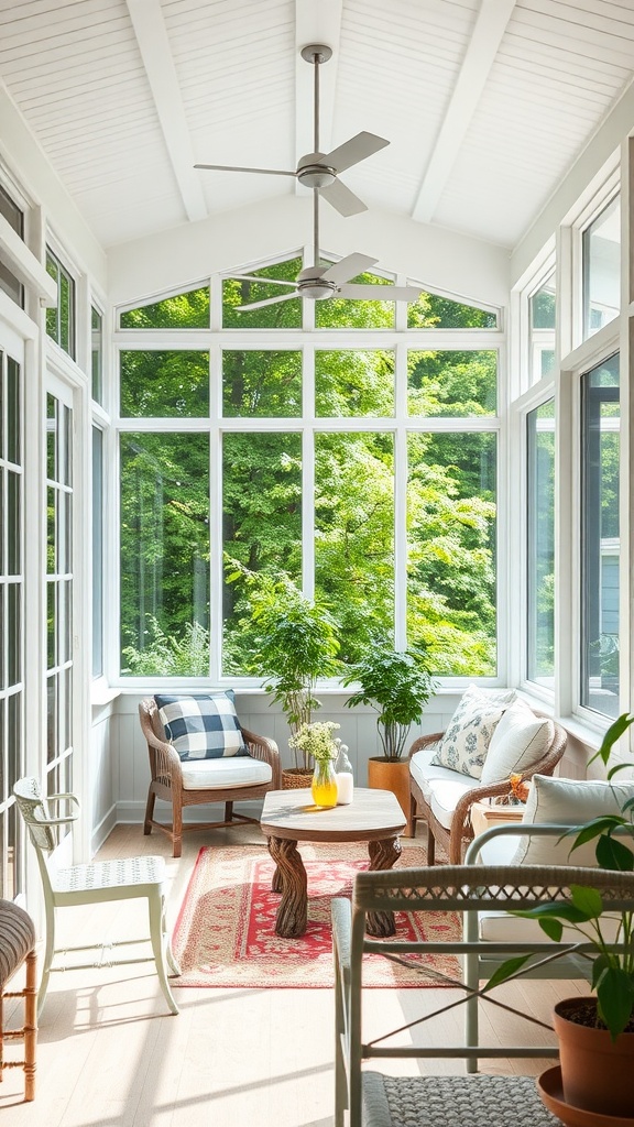 A bright sunroom with large windows, comfortable seating, and plants, creating a cozy and inviting atmosphere.