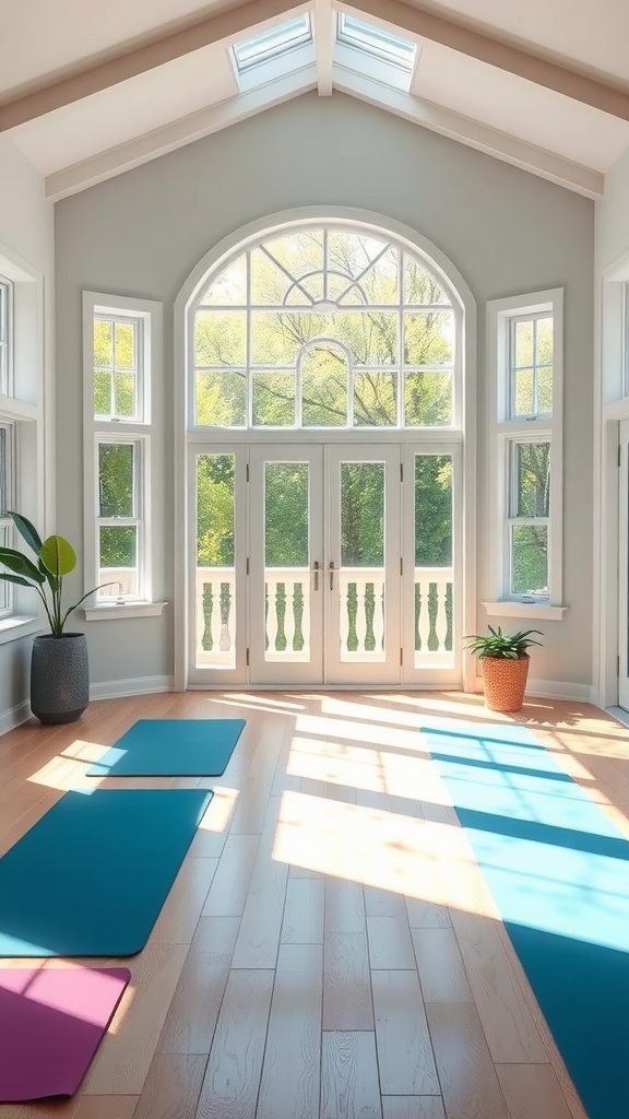 A bright and airy sunroom with yoga mats, large windows, and plants, ideal for mindfulness and yoga practice.
