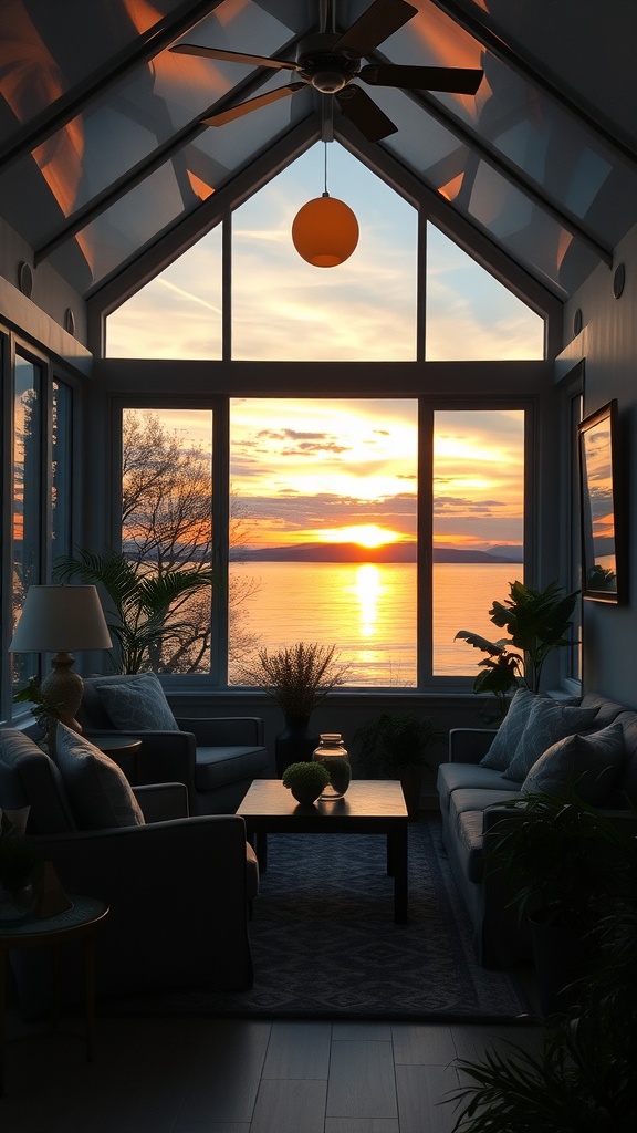 A cozy sunroom with comfortable seating, large windows showing a sunset over the water.