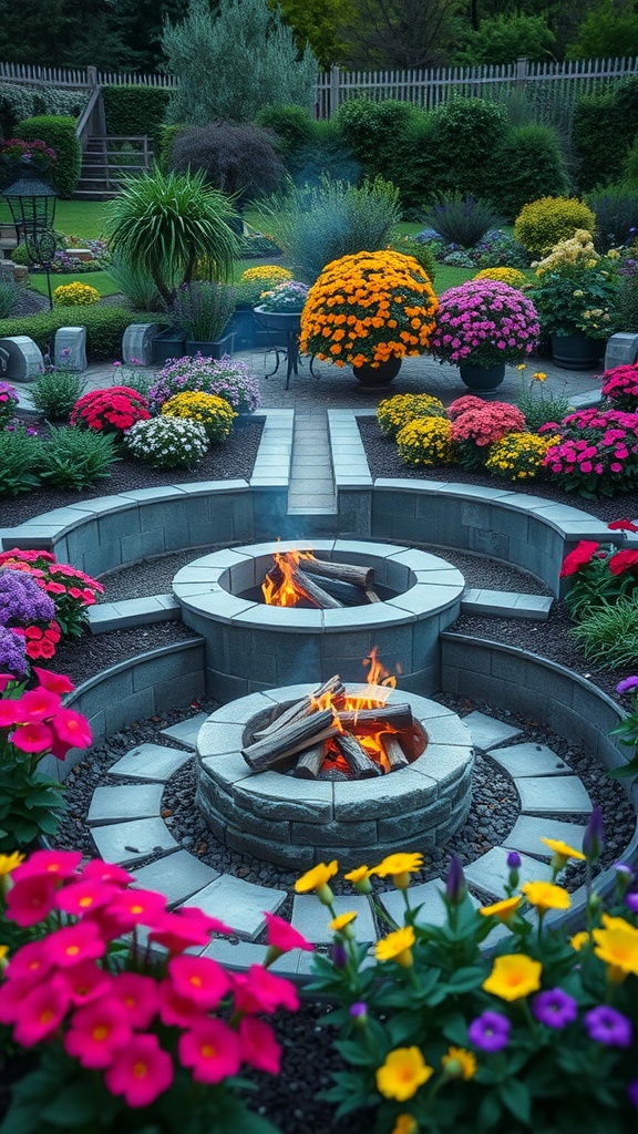 A beautiful outdoor fire pit surrounded by colorful flower gardens.