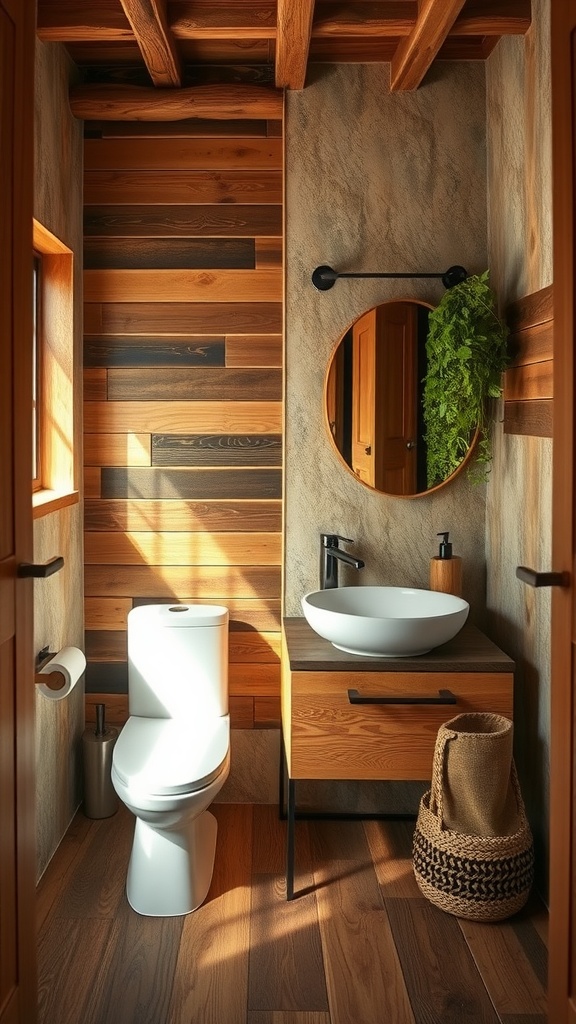 Sustainable bathroom design with wooden panels, a round mirror, and plants.