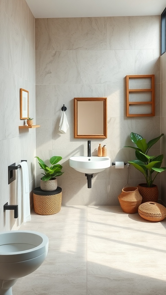 Aesthetic bathroom with eco-friendly features including plants, woven baskets, and modern fixtures.