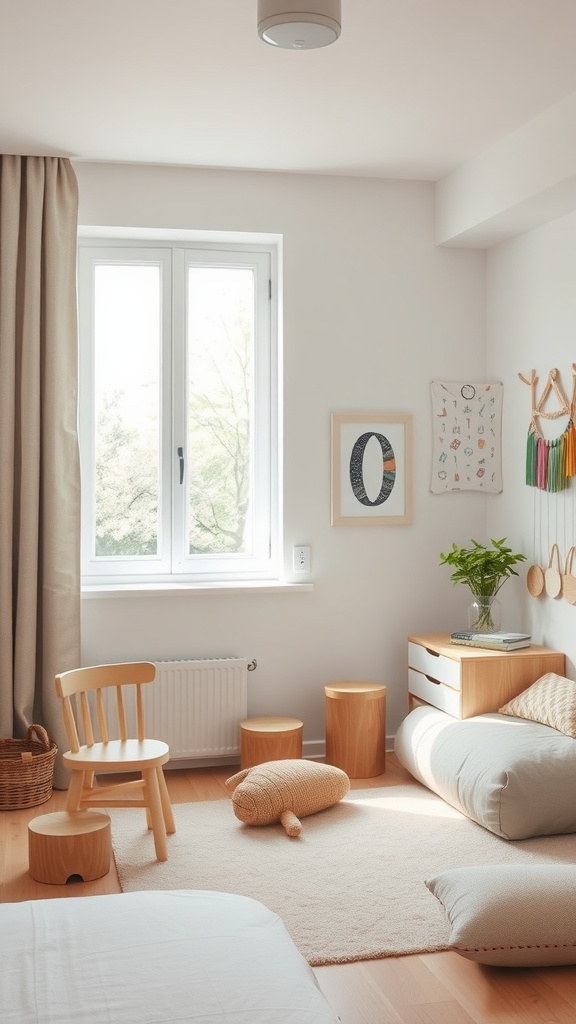 A minimal kids bedroom with wooden furniture, soft textiles, and natural light.
