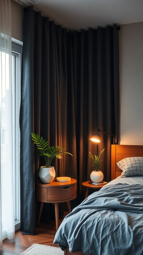 A cozy bedroom featuring black out curtains, a bedside table with plants, and warm lighting.