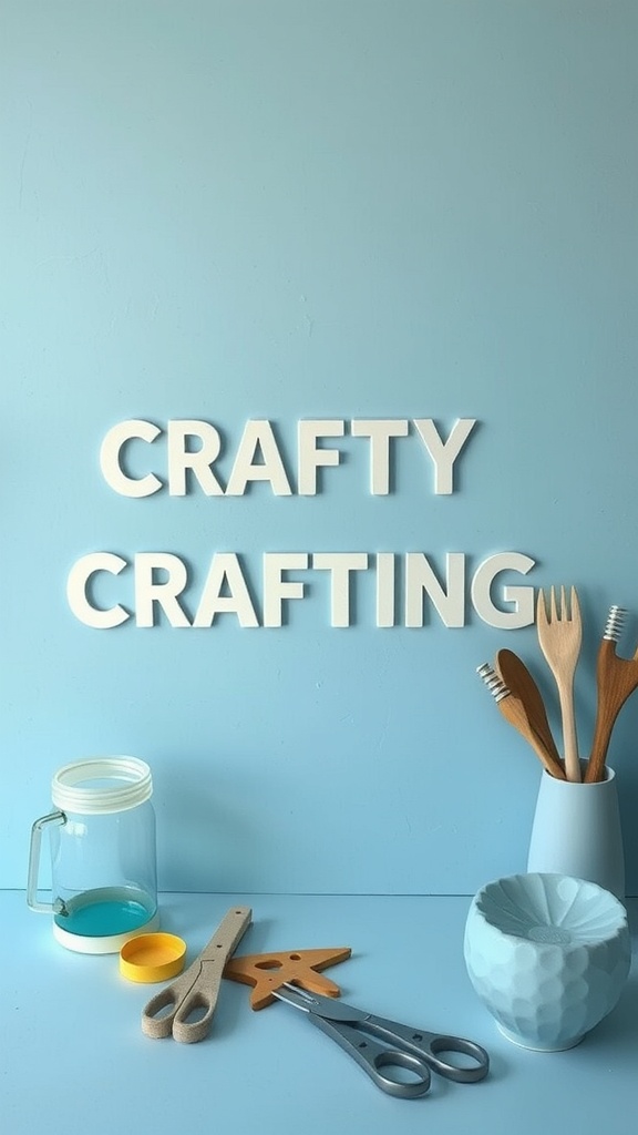 A craft nook with the words 'CRAFTY CRAFTING' on a blue wall, featuring scissors, a jar, and wooden utensils.
