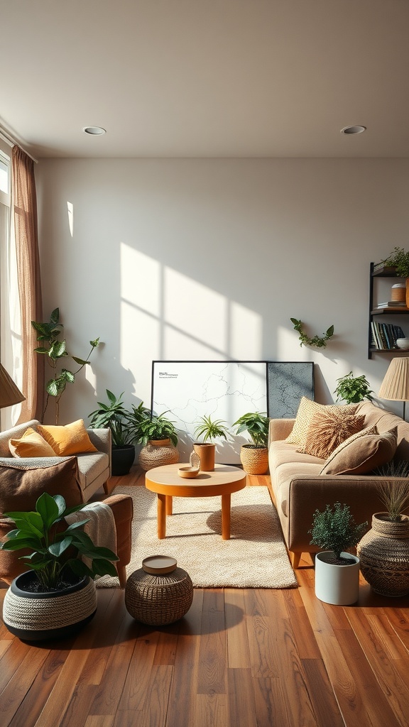 A cozy living room with brown decor, featuring plants and natural materials.
