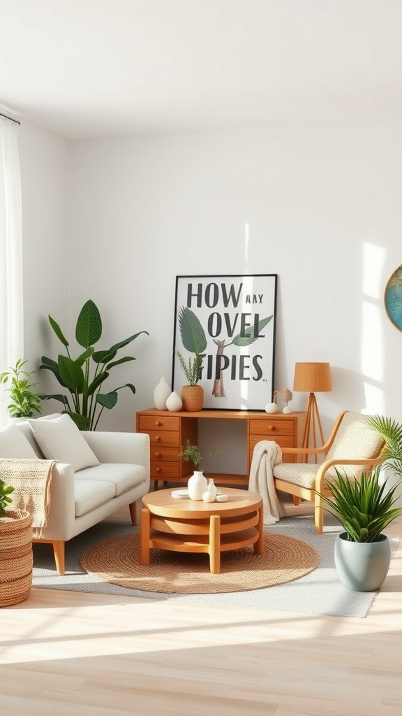 A clean living room with wooden furniture, plants, and bright lighting, showcasing a sustainable decor aesthetic.