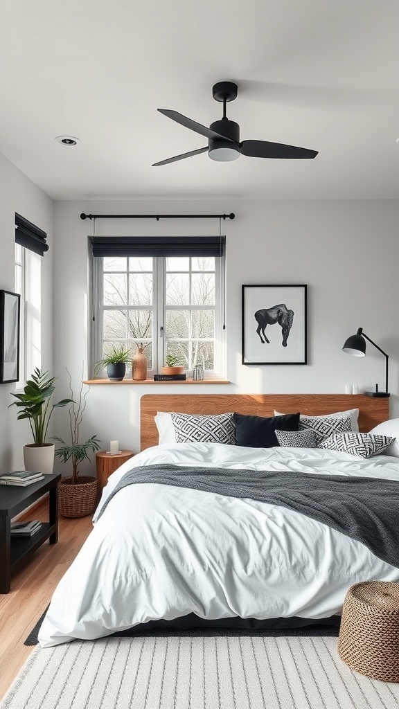 A cozy black and white bedroom featuring a wooden bed, plants, and minimalist decor.