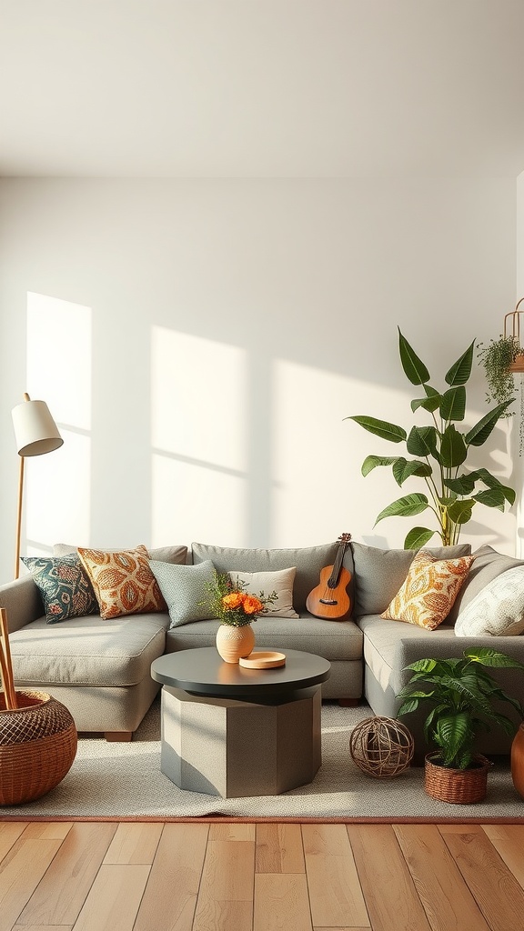 A cozy living room with a gray sectional sofa, colorful cushions, plants, and a wooden coffee table.