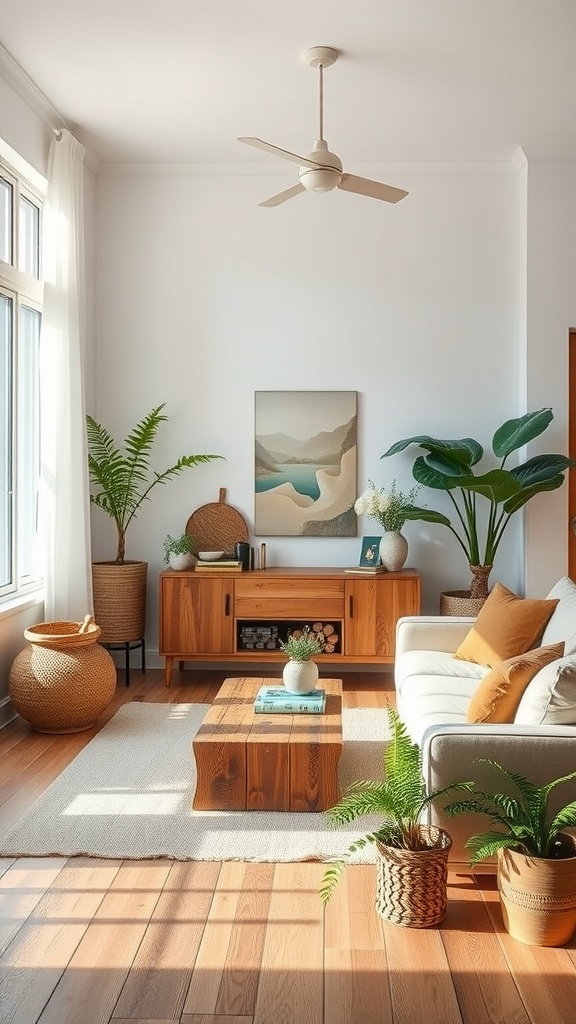 A bright living room featuring wooden furniture, potted plants, and natural textiles.