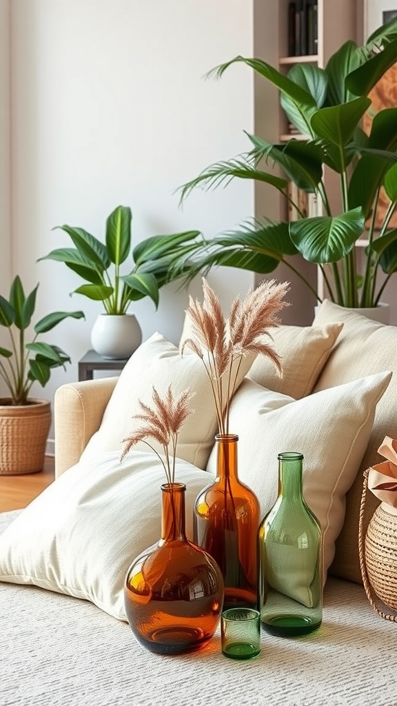 A cozy living room with green plants and colorful glass vases on a sofa.