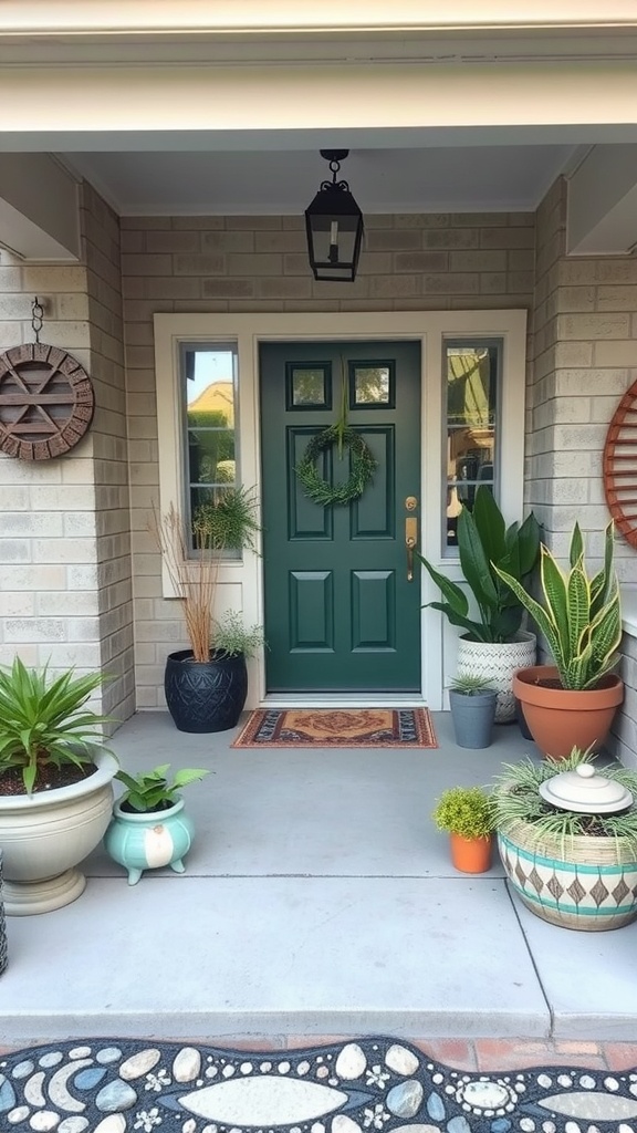 Front patio with plants in various recycled pots and a green door