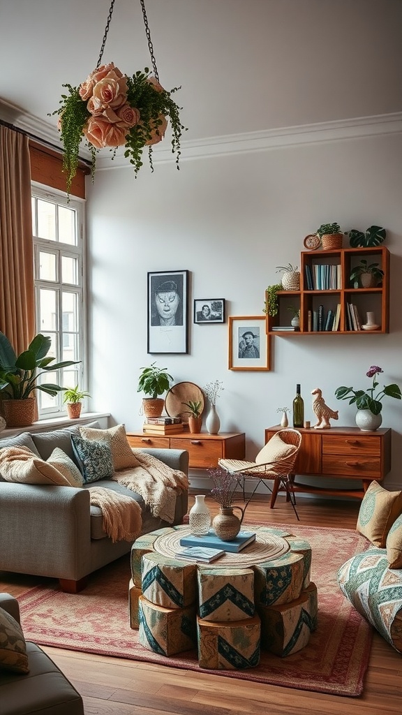 Cozy apartment interior featuring sustainable decor with recycled materials, including a unique coffee table, comfortable sofas, and plants.