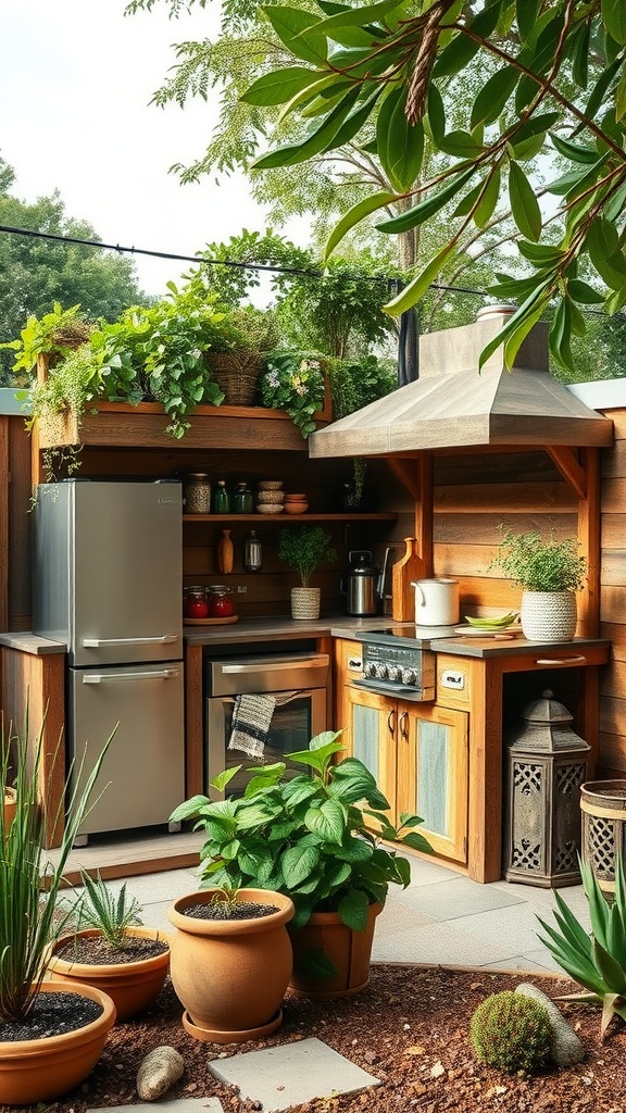 A beautifully designed outdoor kitchen featuring wooden cabinets, a sleek fridge, and plenty of greenery.