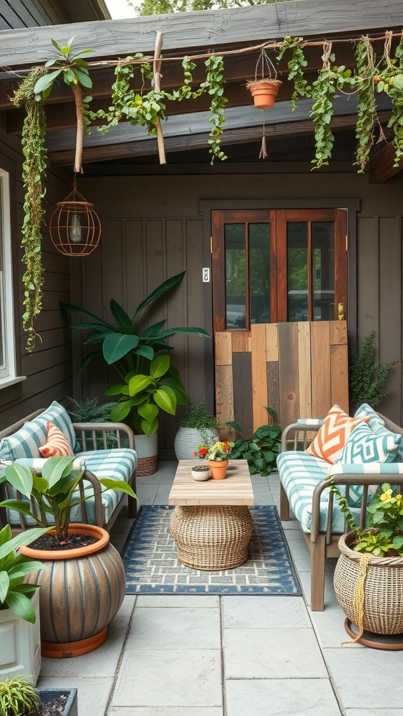 A cozy back patio with green plants, wooden seating, and a natural decor theme.