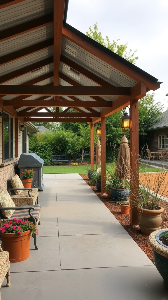 A covered back patio with wooden beams, potted plants, and seating.