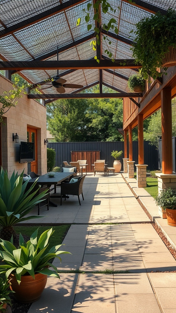 A spacious covered patio with a wooden frame, mesh roof, and lush plants, designed for comfort and sustainability.