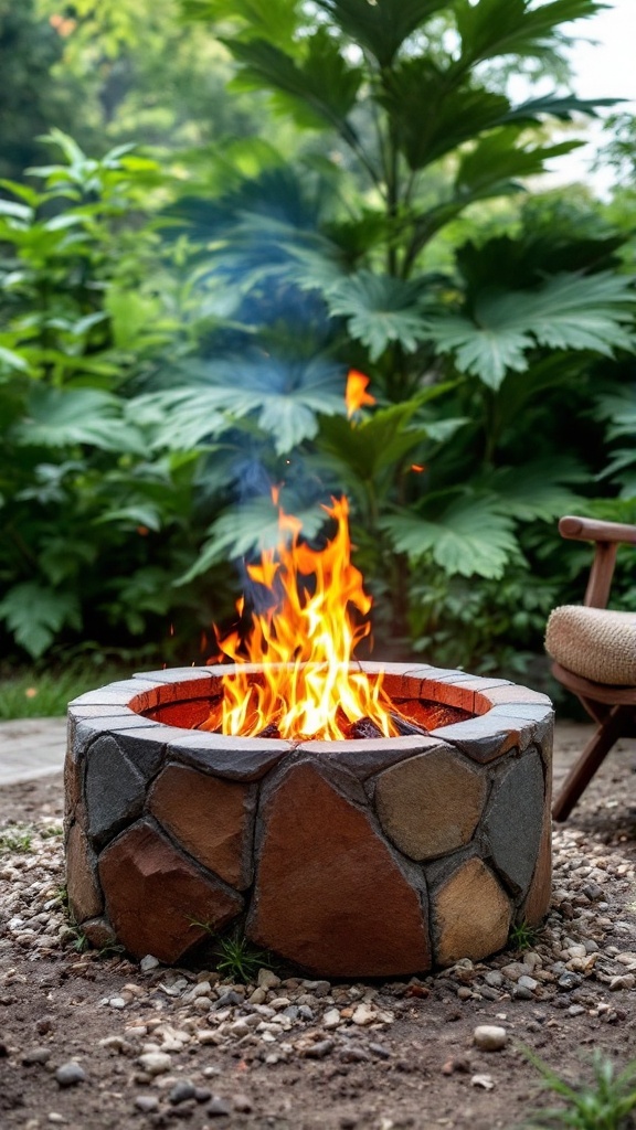 A sustainable fire pit made from recycled materials, featuring a stone and brick design, surrounded by greenery.