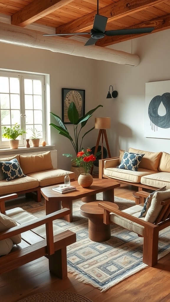 A bright and cozy living room featuring sustainable furniture, including a light wood sofa, a round coffee table, and plants, with a warm atmosphere.