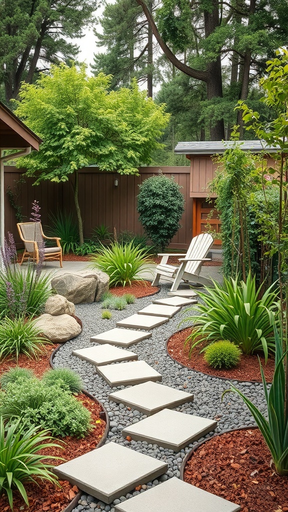 A sustainable backyard layout featuring stepping stones, native plants, and a seating area.