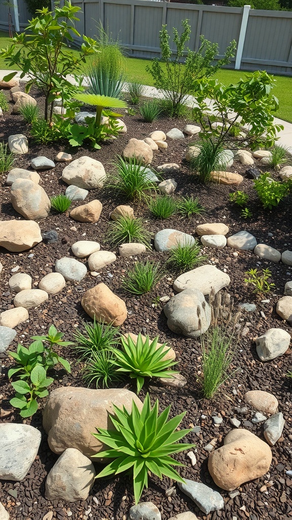 A landscaped rock bed with various plants and stones around a house.