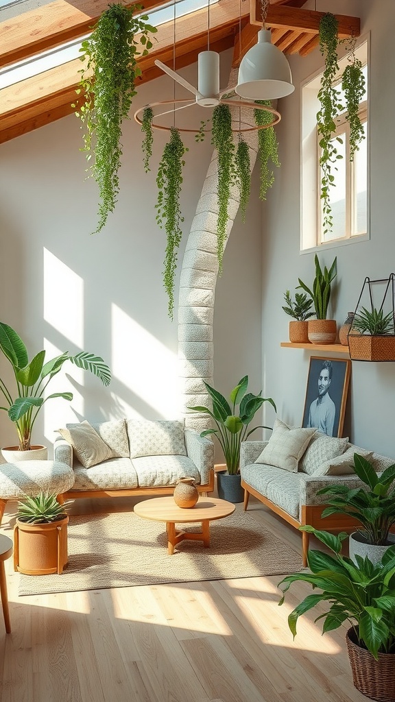 A bright living room featuring hanging plants, wooden furniture, and natural textiles.