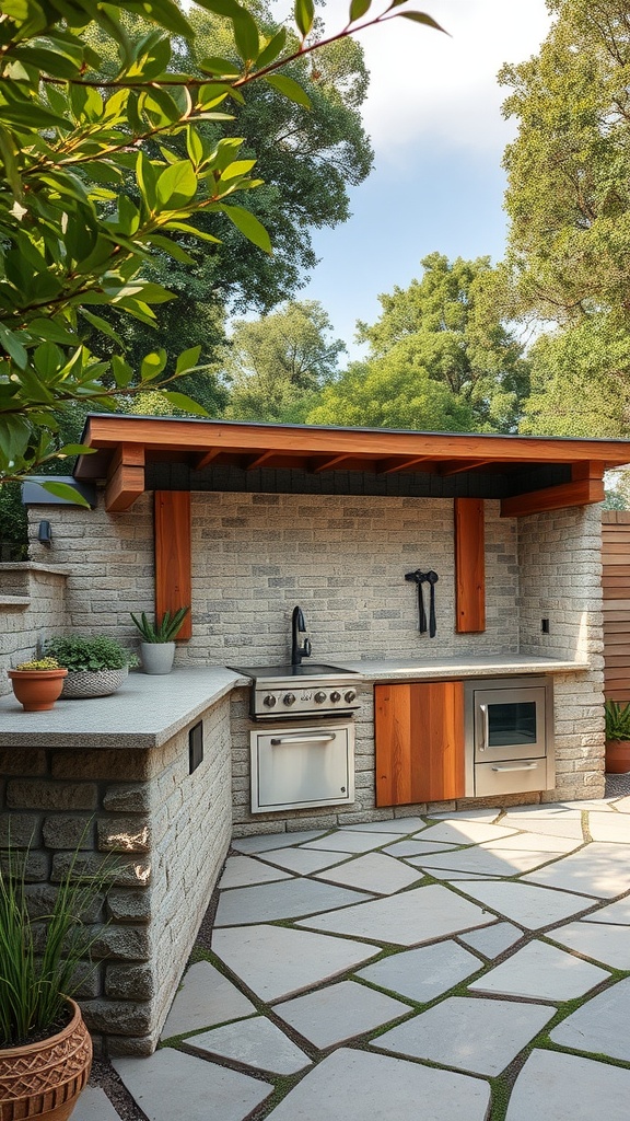 A small outdoor kitchen made of stone and wood, surrounded by plants, featuring a cooking area and a patio.