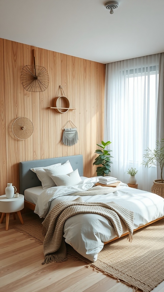 Cozy modern bedroom with wooden wall, plants, and soft textiles