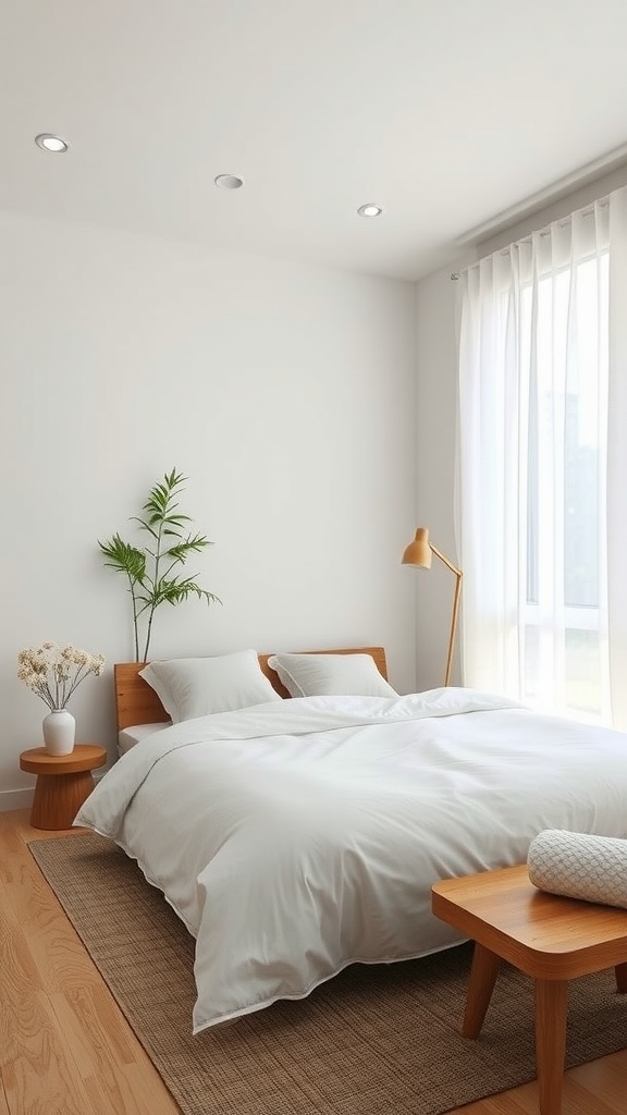 A minimal bedroom featuring natural wood furniture, organic bedding, and a plant beside the window.