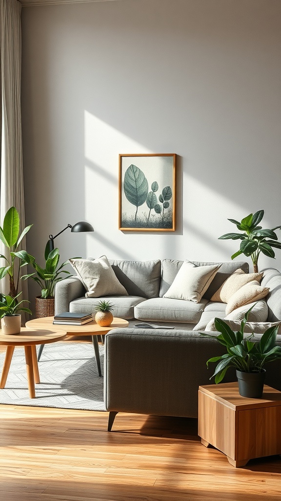 A stylish living room featuring a gray sofa, wooden coffee table, and various houseplants, with sunlight streaming in.