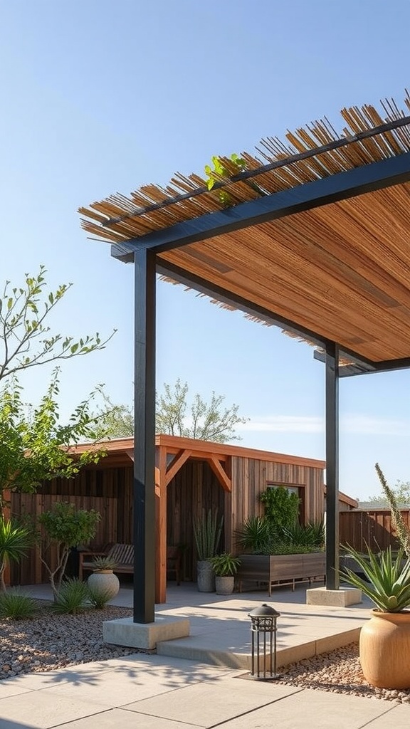 A modern covered patio with a wooden roof and natural landscaping.