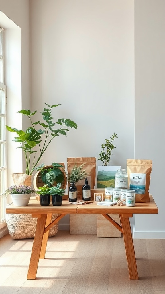 A bright minimalist living space with eco-friendly products on a wooden table and plants in the background.