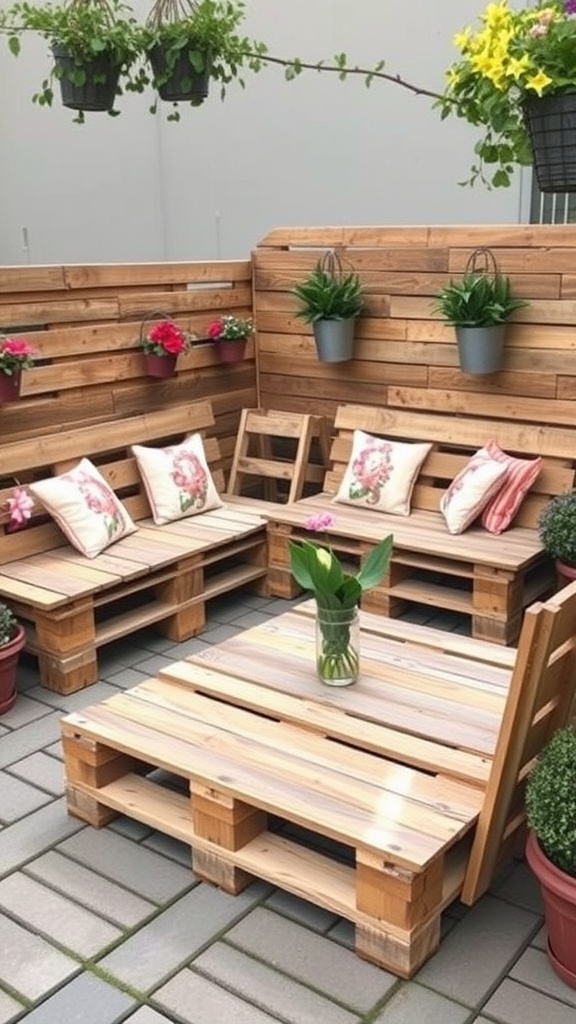 A cozy back patio featuring sustainable pallet seating with plants and flowers.