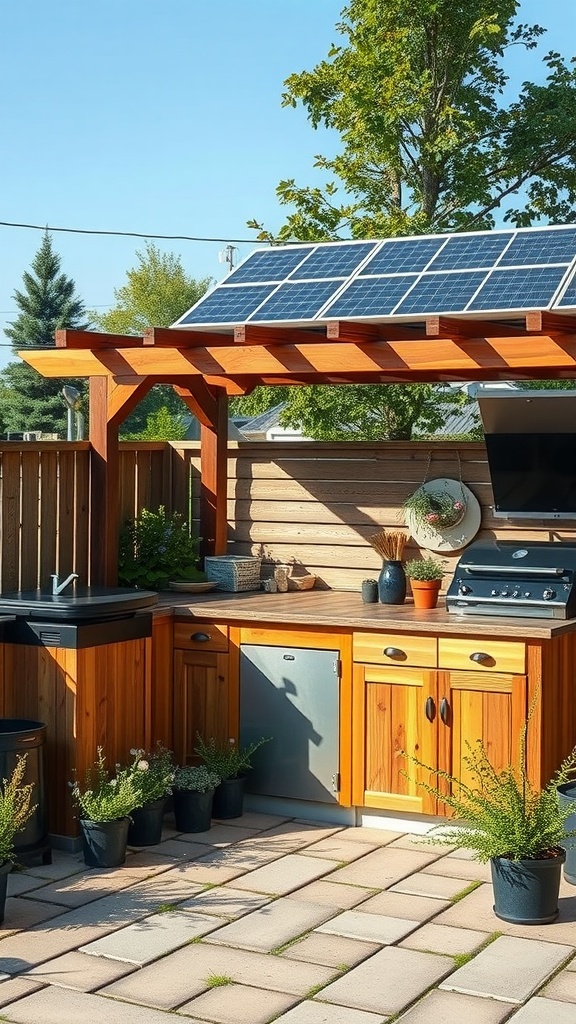 A backyard outdoor kitchen with solar panels, wooden cabinets, and potted plants.