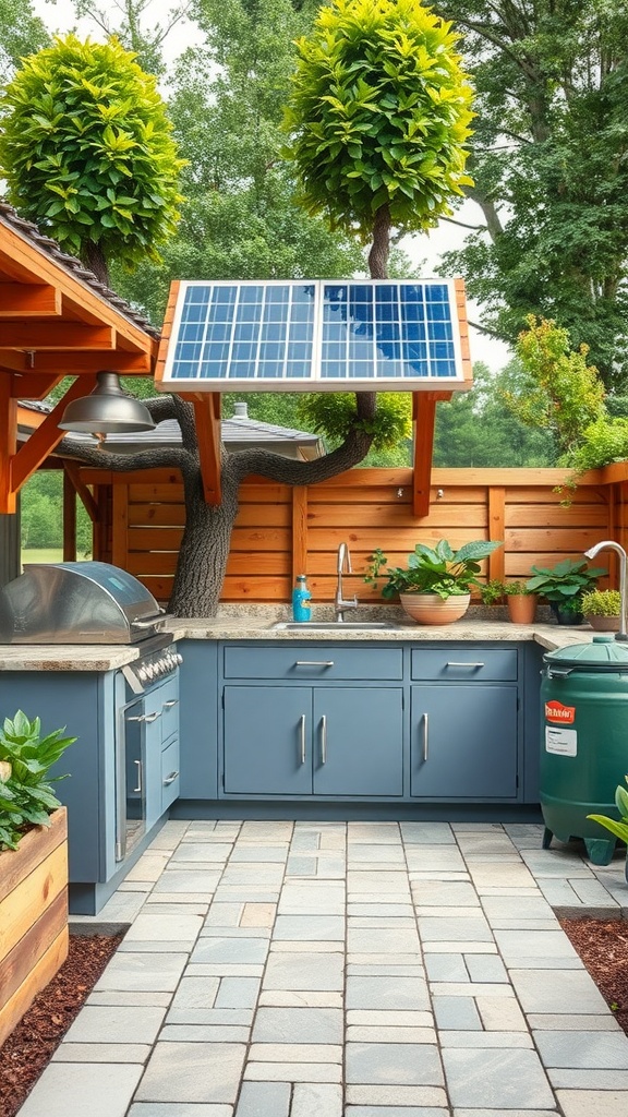 An outdoor kitchen with solar panels, plants, and stone paving.