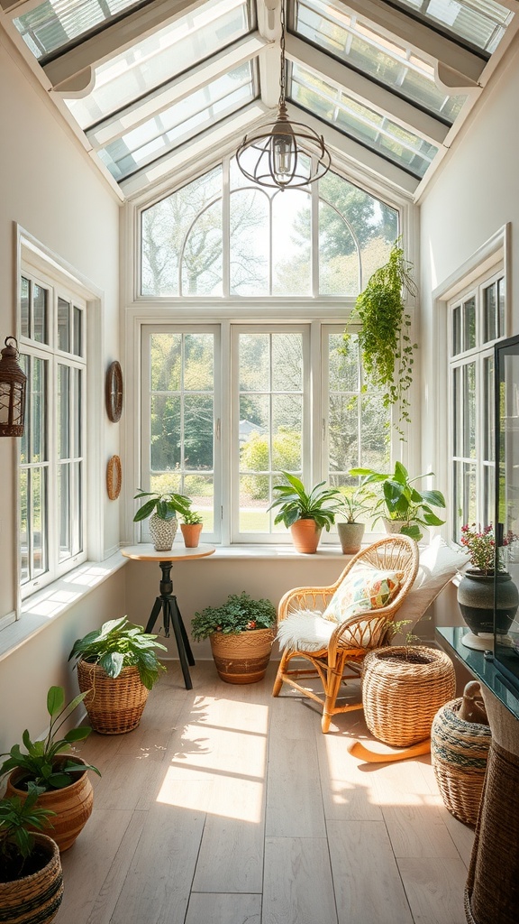 A cozy sunroom filled with plants and natural light, featuring recycled materials in decor.