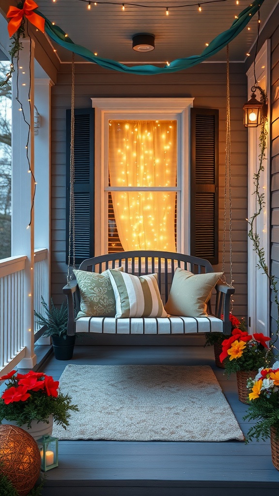 A cozy front porch featuring a swing chair with decorative pillows, surrounded by plants and string lights.