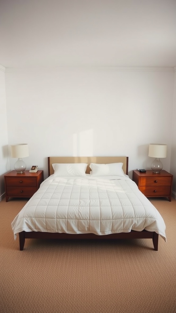 A neatly arranged bedroom with a central bed, two matching nightstands with lamps, and soft lighting, showcasing a symmetrical layout.