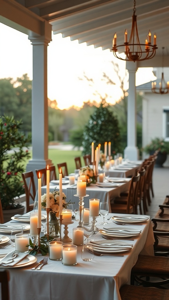A beautifully set table on a covered patio with candles and flowers, creating a warm and inviting atmosphere.