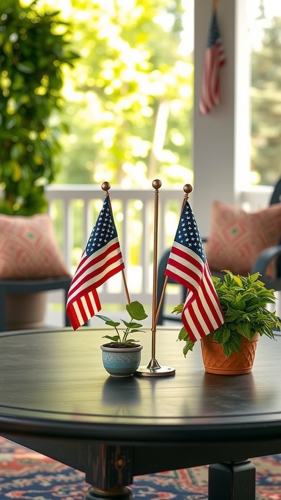Miniature American flags on a black table with potted plants in a cozy porch setting.