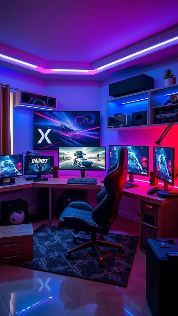 A modern gaming setup with multiple monitors, colorful LED lights, and a comfortable gaming chair.