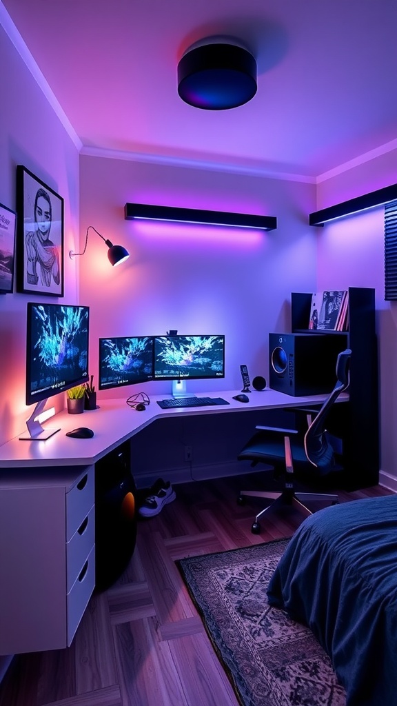 A modern tech-savvy bedroom setup with dual monitors, stylish lighting, and a comfortable chair.