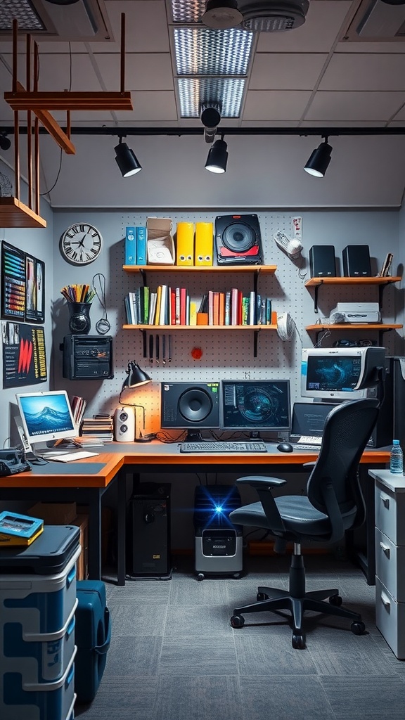 A modern hobby room featuring multiple monitors, organized shelves, and effective lighting.