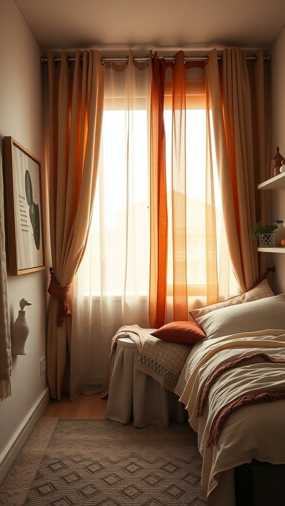 Cozy bedroom with layered textiles, warm curtains, and soft bedding.