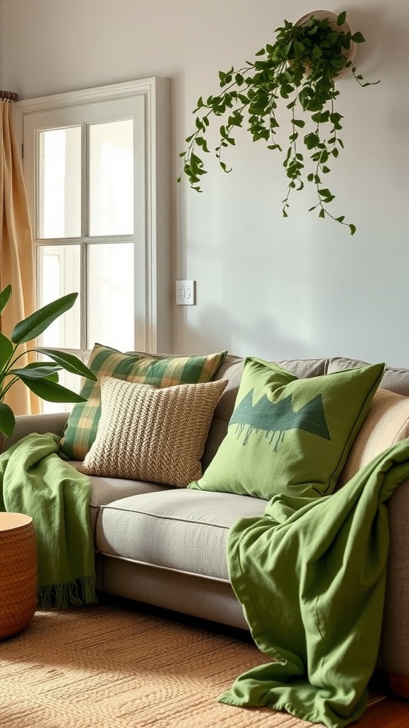 A cozy living room with a green sofa, decorative cushions, and a hanging plant.