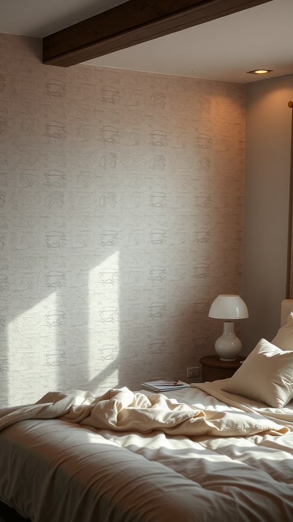 A cozy bedroom with a textured accent wall, soft bedding, and a minimalist lamp.