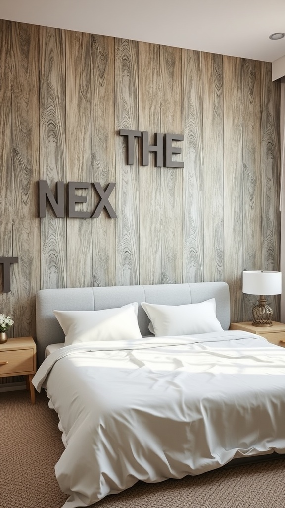 A cozy modern bedroom featuring a textured wood accent wall with decorative letters, soft white bedding, and neutral furniture.