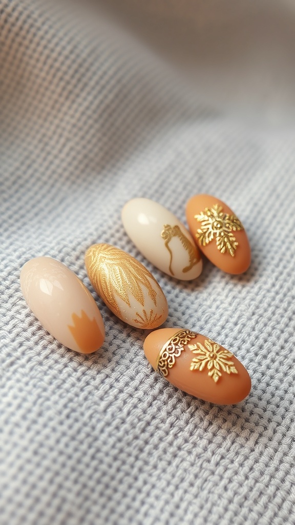 Textured almond nails with gold accents on a soft fabric background.