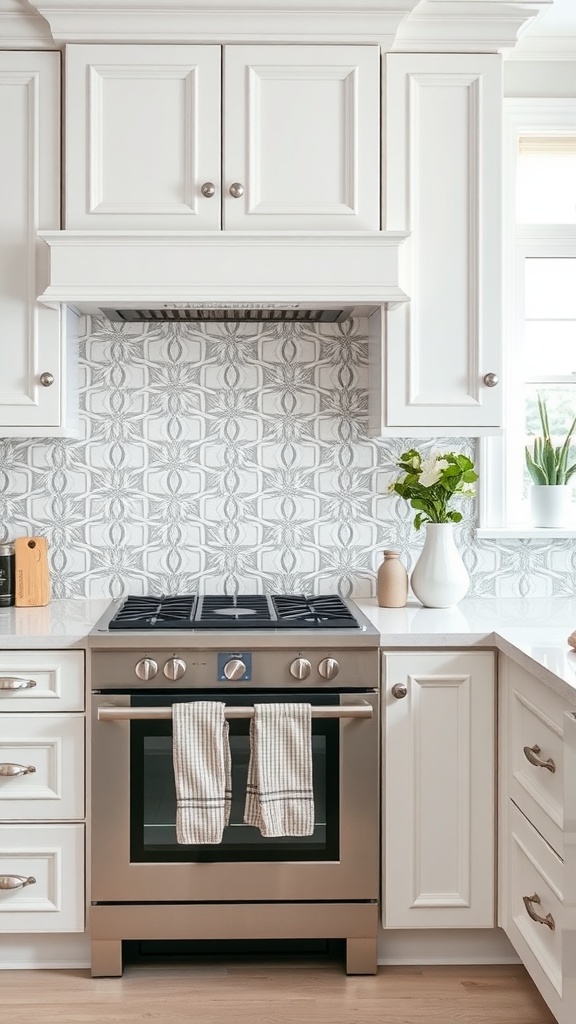 A cozy white kitchen featuring a textured backsplash and stainless steel stove.